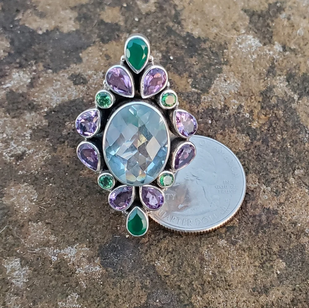 Nicky Butler Aqua Quartz Amethyst Chalcedony 925 Sterling Silver Size 10.5 Ring